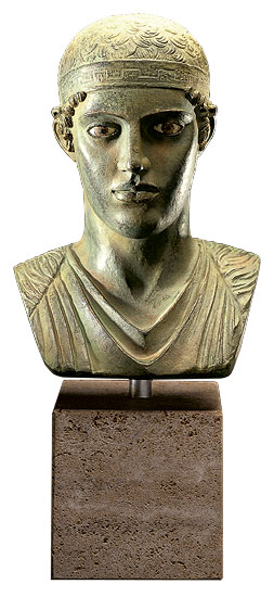 Büste des Wagenlenkers von Delphi, Bronze auf Marmorsockel, Skulptur