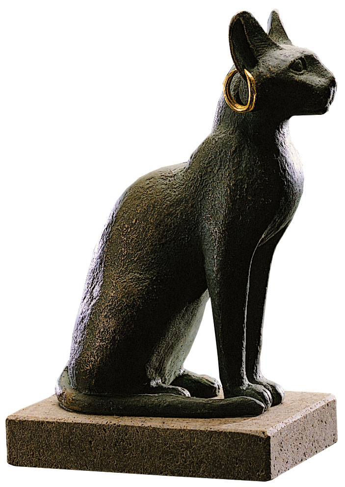 Skulptur 'Bastetkatze mit Ohrring', Metallguss/Stein