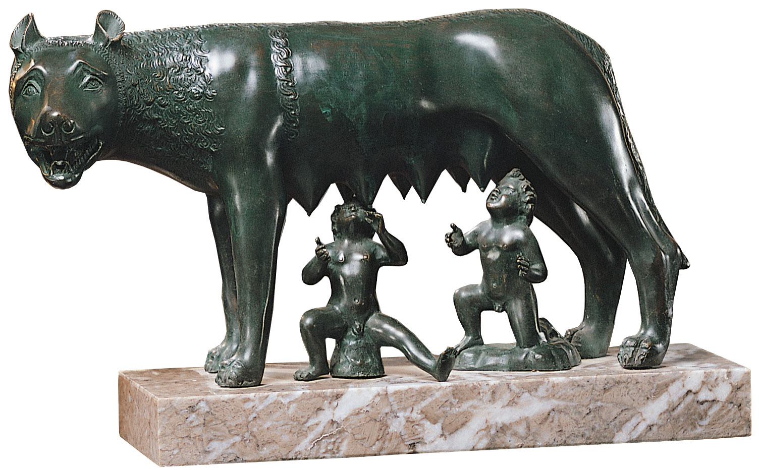 Skulptur 'Kapitolinische Wölfin mit Romulus und Remus', Version in Kunstbronze