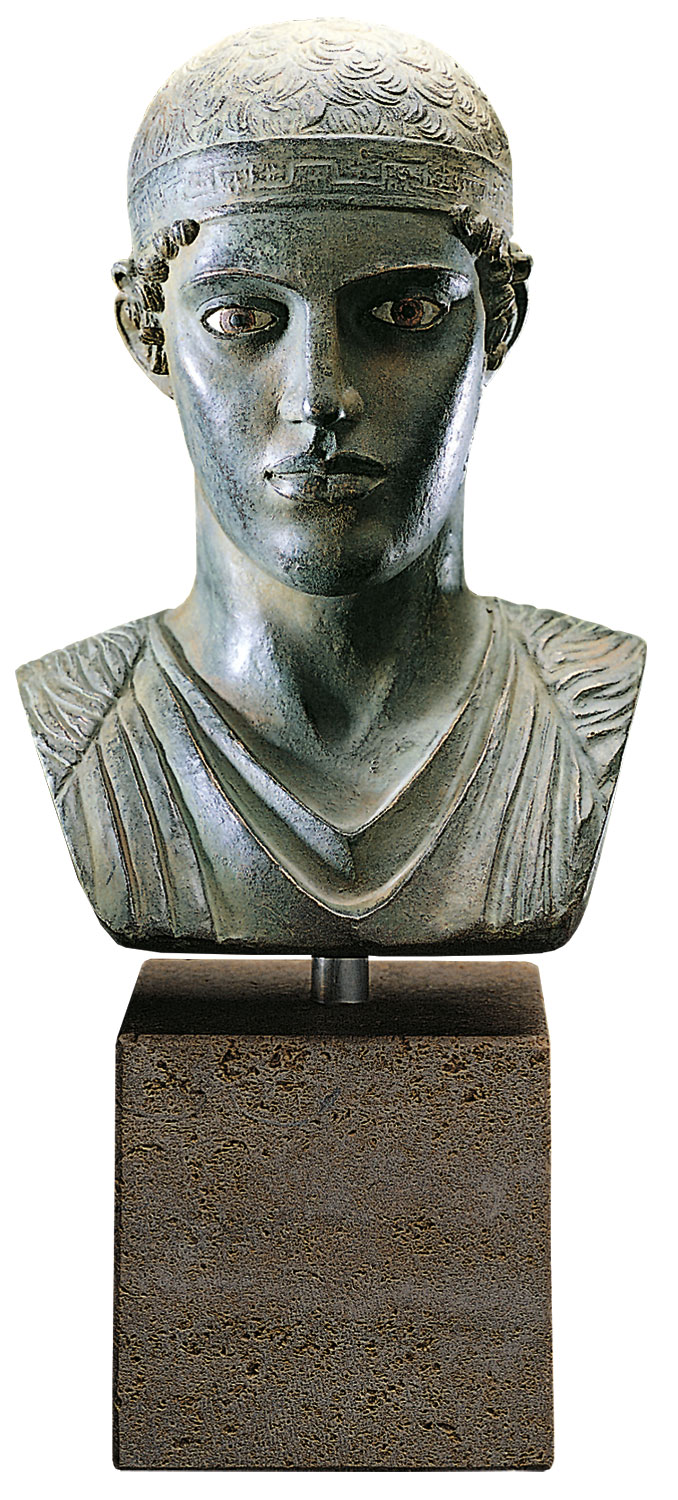 'Büste des Wagenlenkers von Delphi' (Reduktion), Kunstguss handbemalt, Skulptur