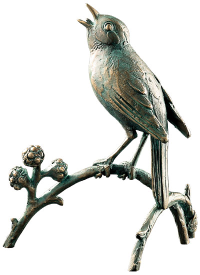 Gartenskulptur 'Nachtigall auf Ast', Bronze