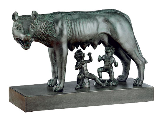 Skulptur 'Kapitolinische Wölfin mit Romulus und Remus', Kunstguss