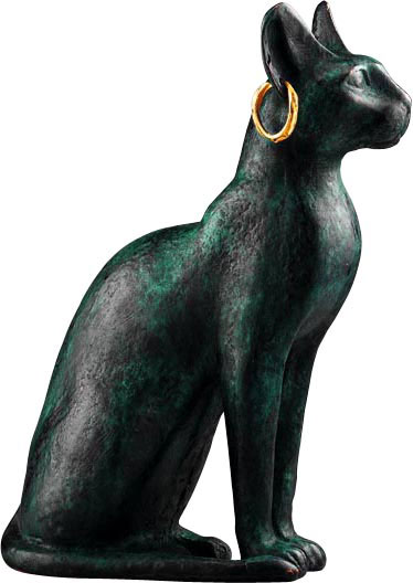 Skulptur 'Bastetkatze mit goldenen Ohrringen', Metallguss