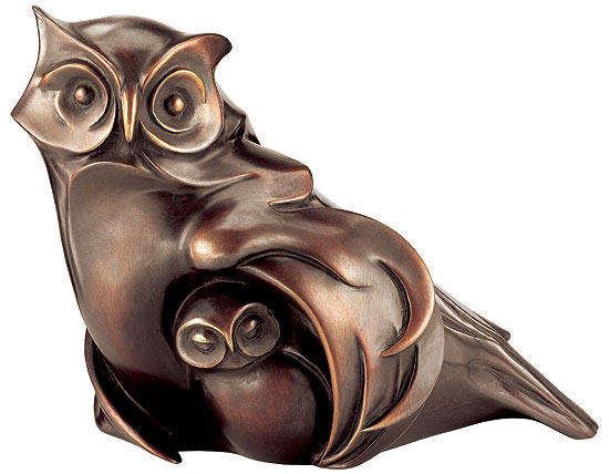 Jochen Bauer: Skulptur 'Eule mit Jungvogel', Bronze