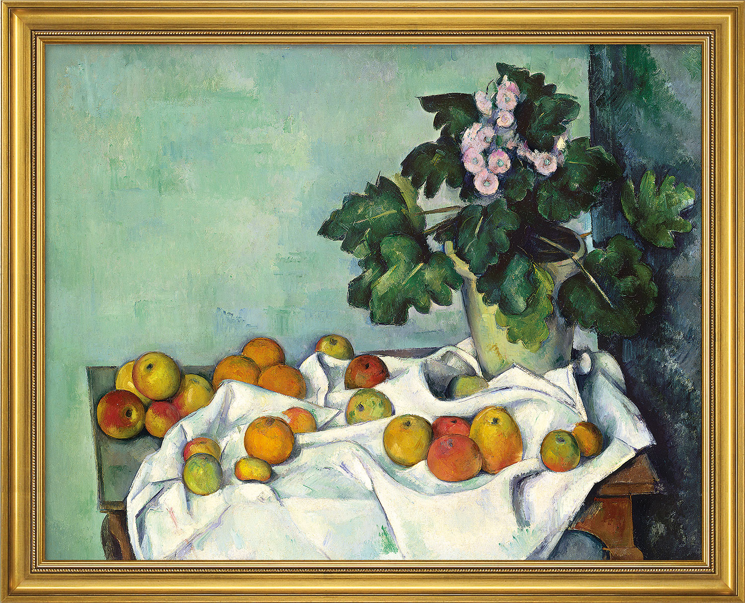 Paul Cézanne: Bild 'Stillleben mit Äpfeln und Primeln' (frühe 1890er), gerahmt