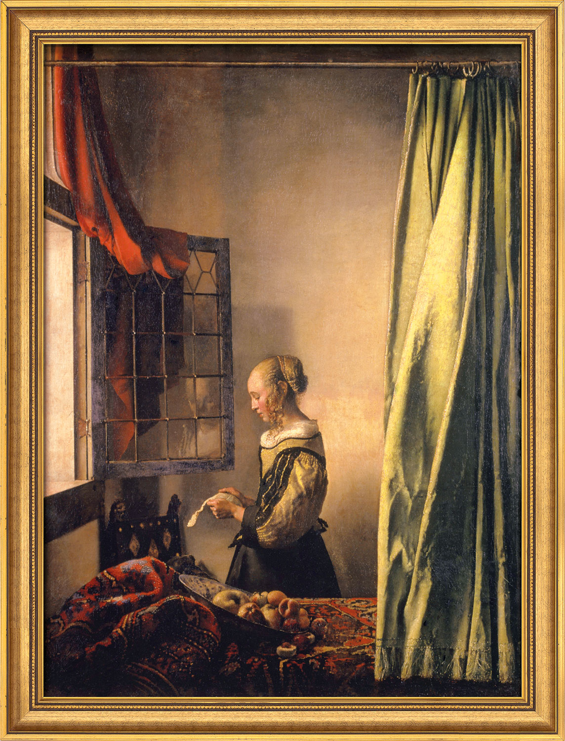 Jan Vermeer van Delft: Bild 'Brieflesendes Mädchen am offenen Fenster' (1658), gerahmt