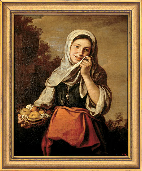 Bartolomé E. Murillo: Bild 'Mädchen mit Früchten und Blumen' (1655-1660), gerahmt