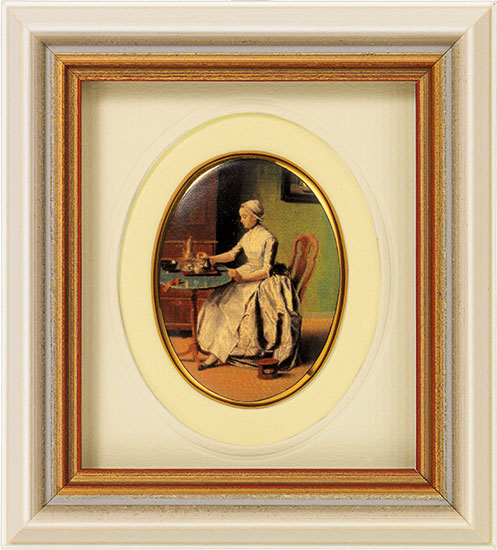 Jean-Étienne Liotard: Miniatur-Porzellanbild 'Schokolade trinkende Dame' (um 1744), gerahmt