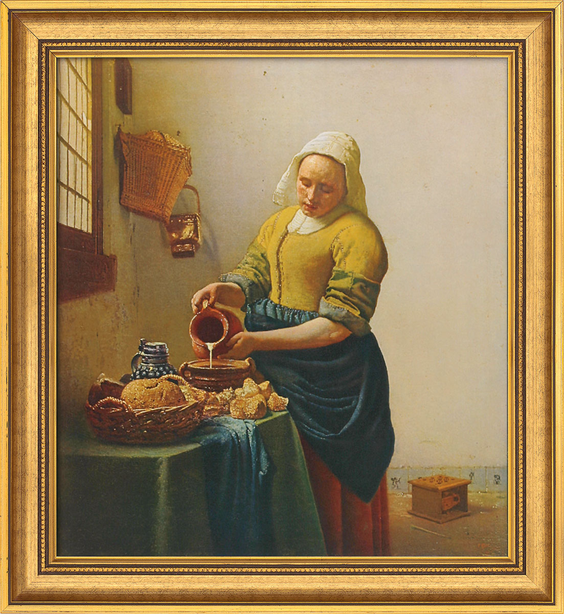 Jan Vermeer van Delft: Bild 'Dienstmagd mit Milchkrug' (1658), gerahmt