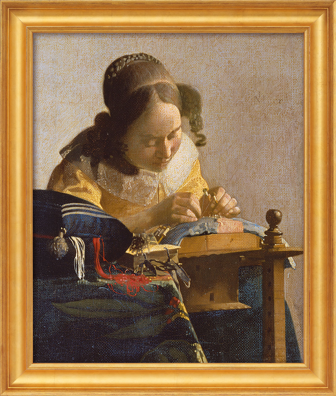 Jan Vermeer van Delft: Bild 'Die Spitzenklöpplerin' (1669-70), gerahmt