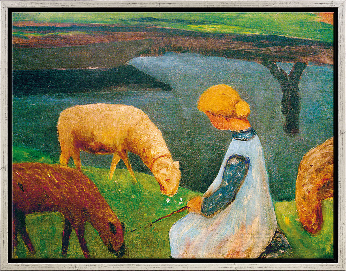 Paula Modersohn-Becker: Bild 'Sitzendes Mädchen mit Schafen am Weiher I' (1903), gerahmt