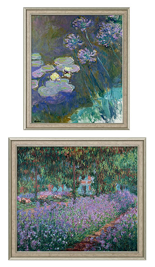 Claude Monet: 2 Bilder 'Gelbe Seerosen und Agapanthus' + 'Irisbeet in Monets Garten' im Set