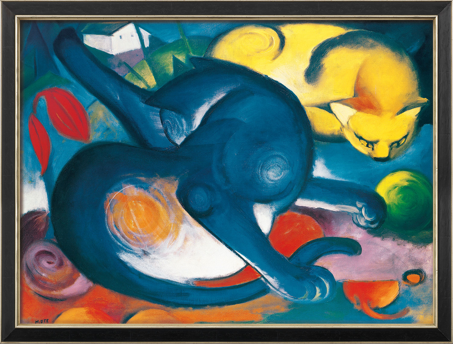 Franz Marc: Bild 'Zwei Katzen, blau und gelb' (1912), gerahmt