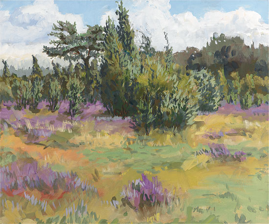 Frank Suplie: Bild 'Wacholderwald II (Heideblüte & Wacholderwald bei Schmarbeck)' (2011), auf Keilrahmen