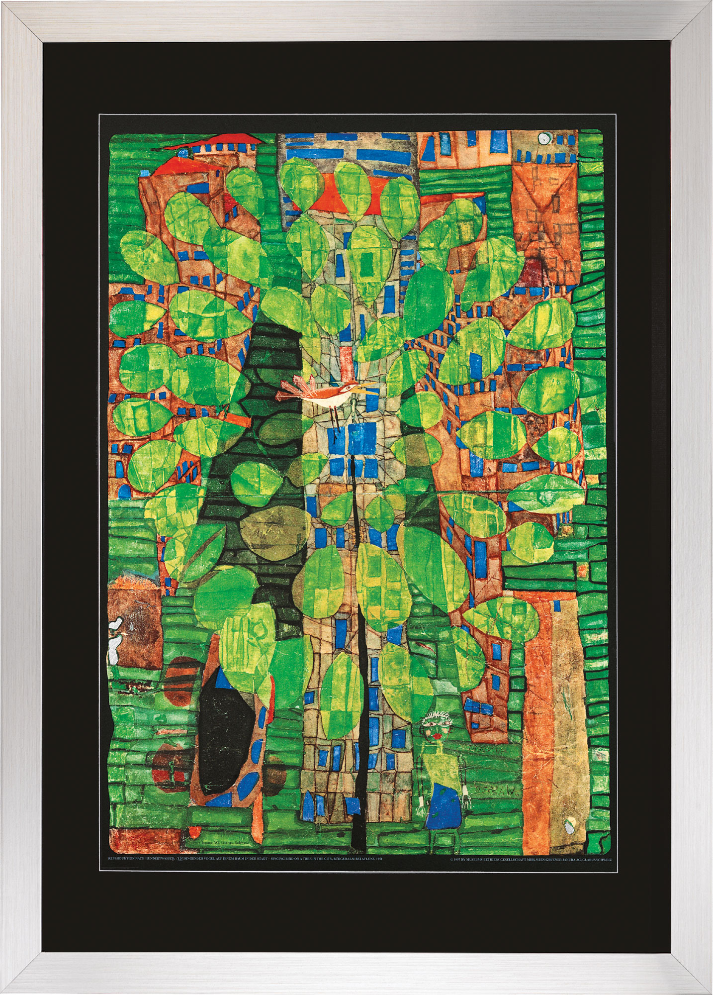 Friedensreich Hundertwasser: Bild 'Singender Vogel auf einem Baum in der Stadt', gerahmt