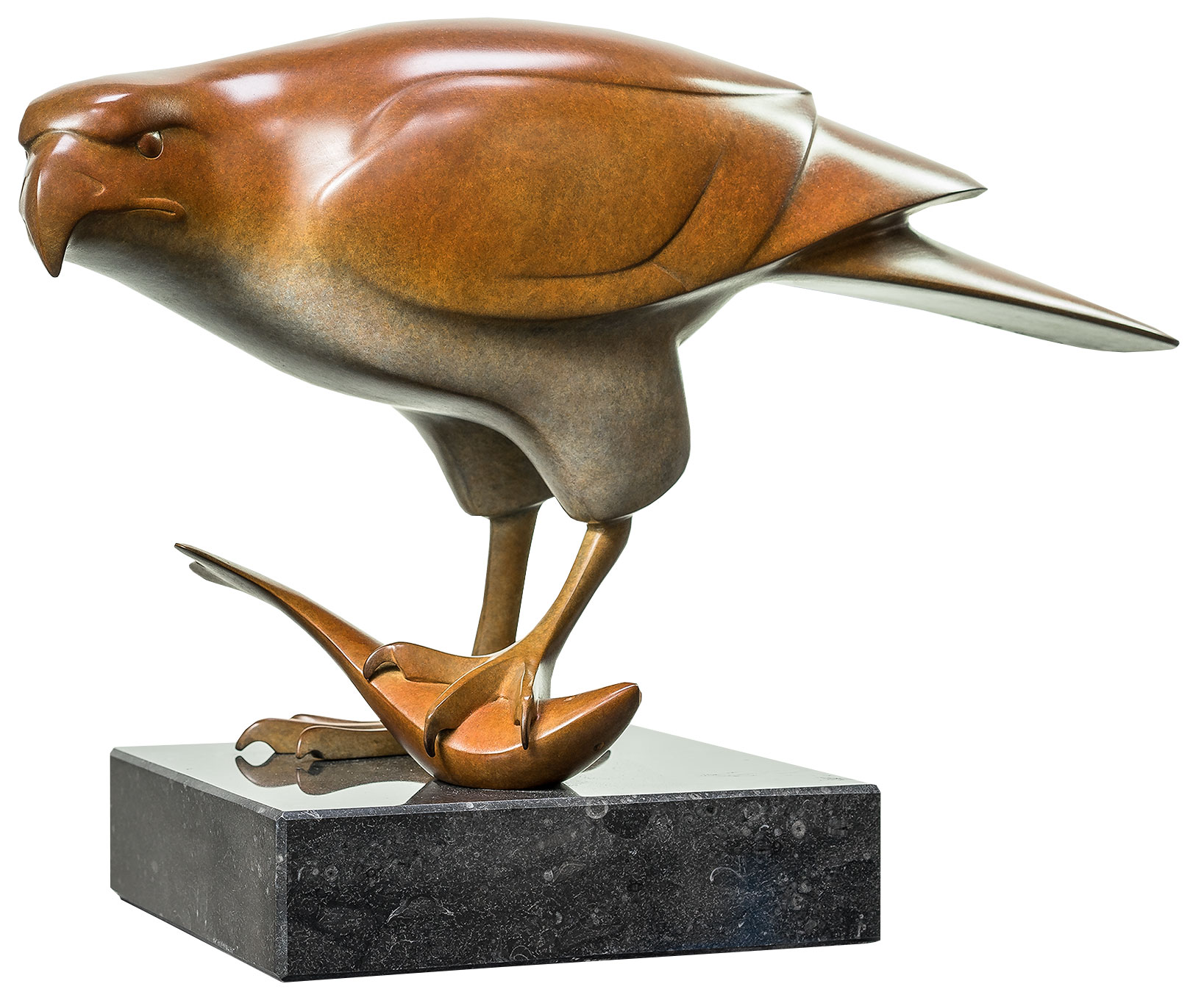 Evert den Hartog: Skulptur 'Raubvogel mit Fisch Nr. 3', Bronze braun