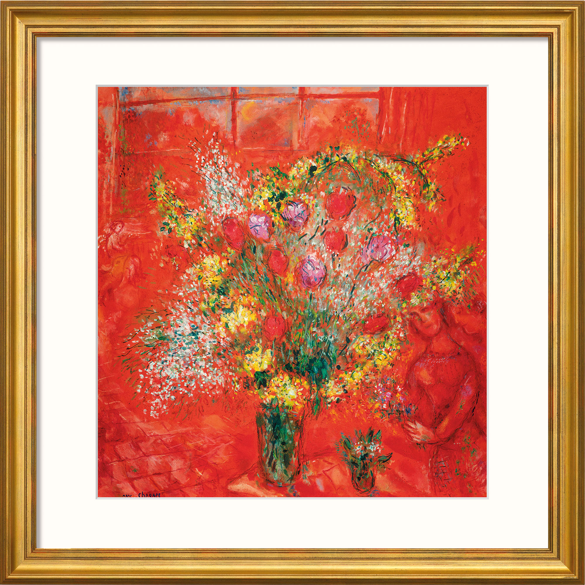 Marc Chagall: Bild 'Fleurs sur fond rouge' (1970), gerahmt