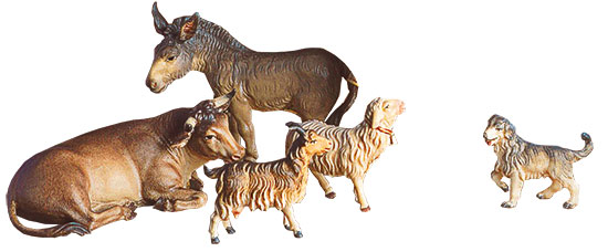Krippenfiguren 'Ochse, Esel, Schaf, Ziege und Hund', Holz handbemalt