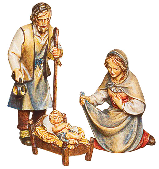 Krippenfiguren 'Heilige Familie: Maria, Josef und das Christuskind', Holz handbemalt