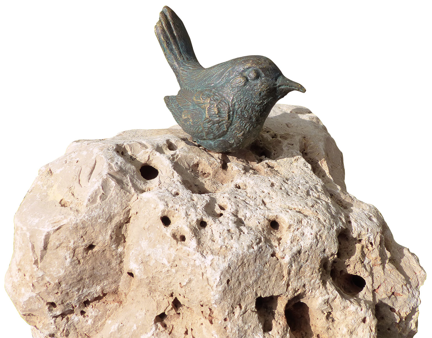 Gartenskulptur 'Vogel auf Flusskiesel', Bronze