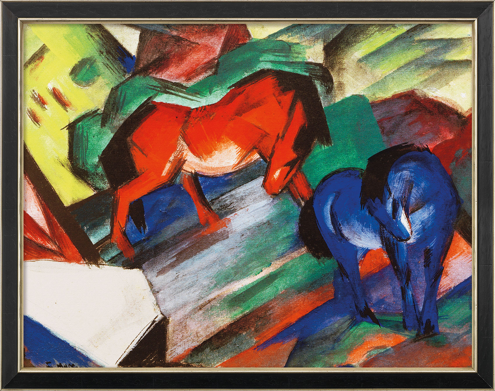 Franz Marc: Bild 'Rotes und blaues Pferd' (1912), gerahmt