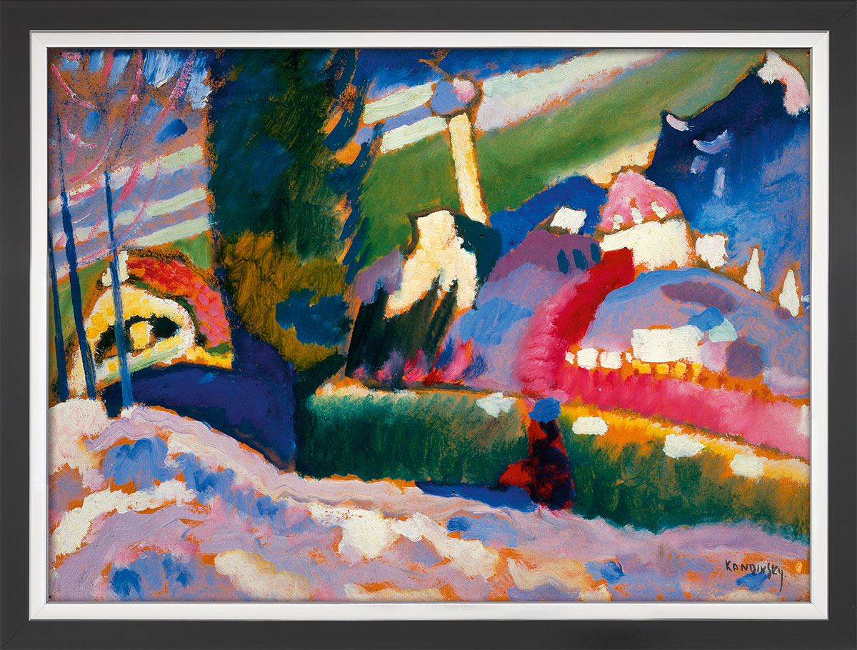 Wassily Kandinsky: Bild 'Winterlandschaft mit Kirche' (1910-1911), Version schwarz-silberfarben gerahmt