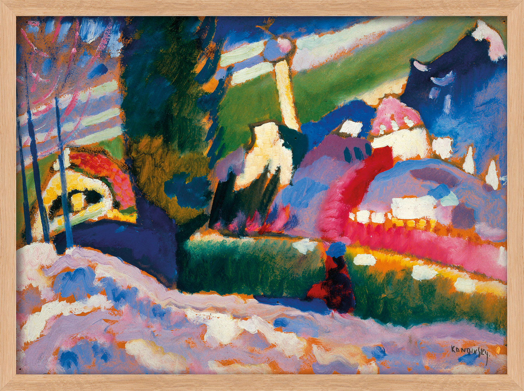 Wassily Kandinsky: Bild 'Winterlandschaft mit Kirche' (1910-1911), Version naturfarben gerahmt