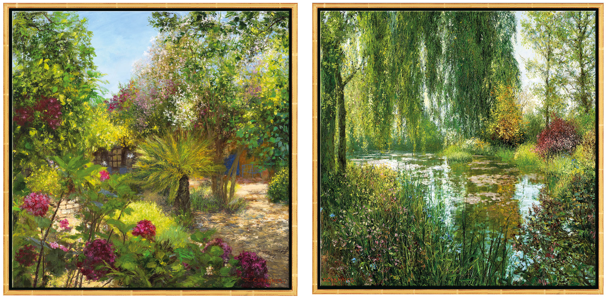 Jean-Claude Cubaynes: 2 Bilder 'Le Jardin, St. Tropez' + 'Giverny le Soir' im Set, Version goldfarben gerahmt