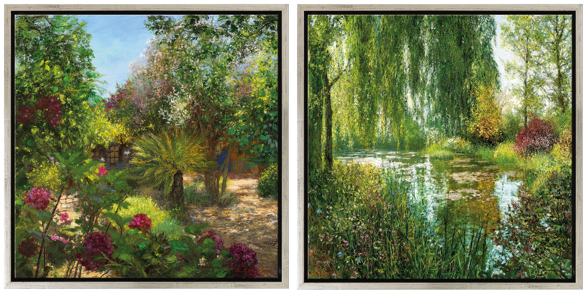 Jean-Claude Cubaynes: 2 Bilder 'Le Jardin, St. Tropez' + 'Giverny le Soir' im Set, Version silberfarben gerahmt