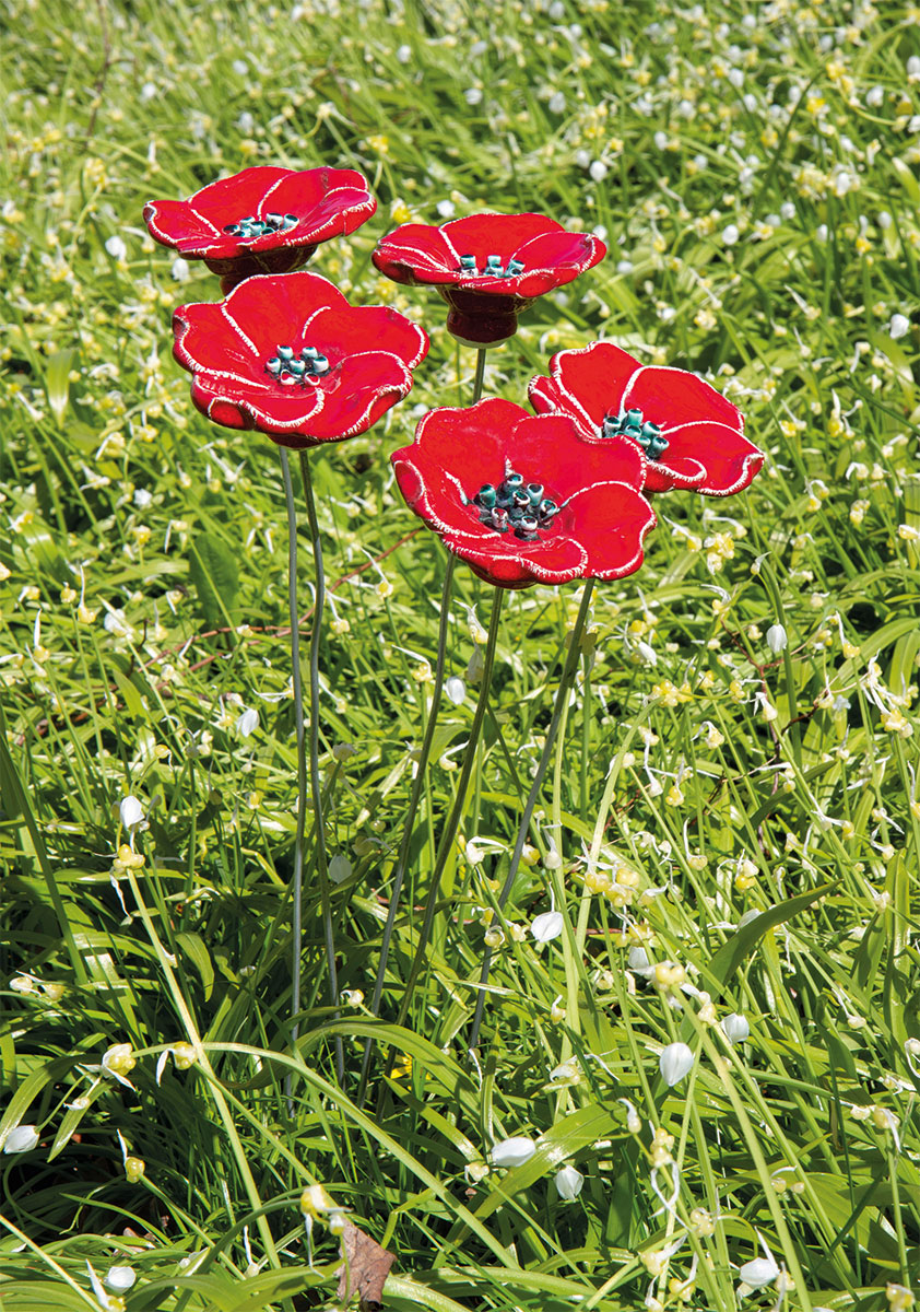 Gartenstecker-Blumenset 'Rote Blüten', 5-teilige Keramik