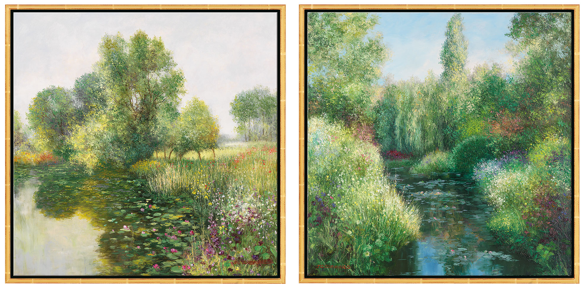 Jean-Claude Cubaynes: 2 Bilder 'Giverny' + 'Juin à Giverny' im Set, Version goldfarben gerahmt