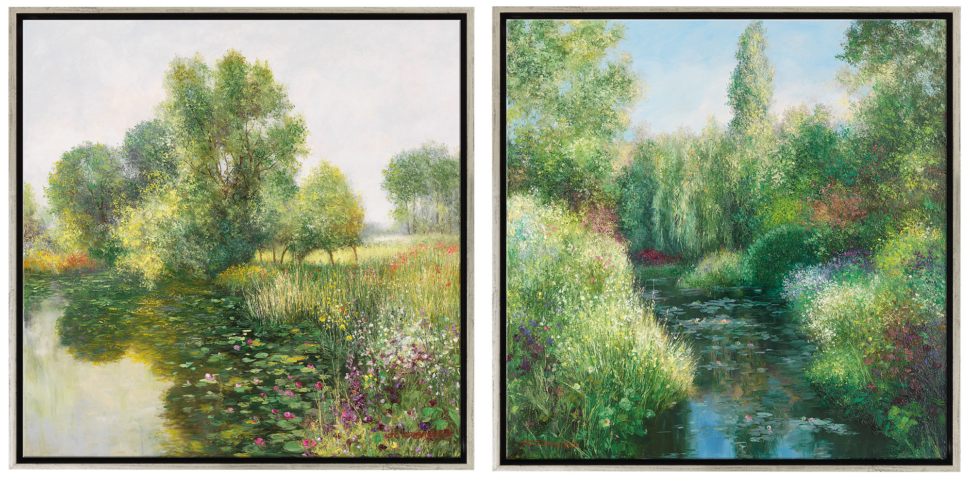 Jean-Claude Cubaynes: 2 Bilder 'Giverny' + 'Juin à Giverny' im Set, Version silberfarben gerahmt