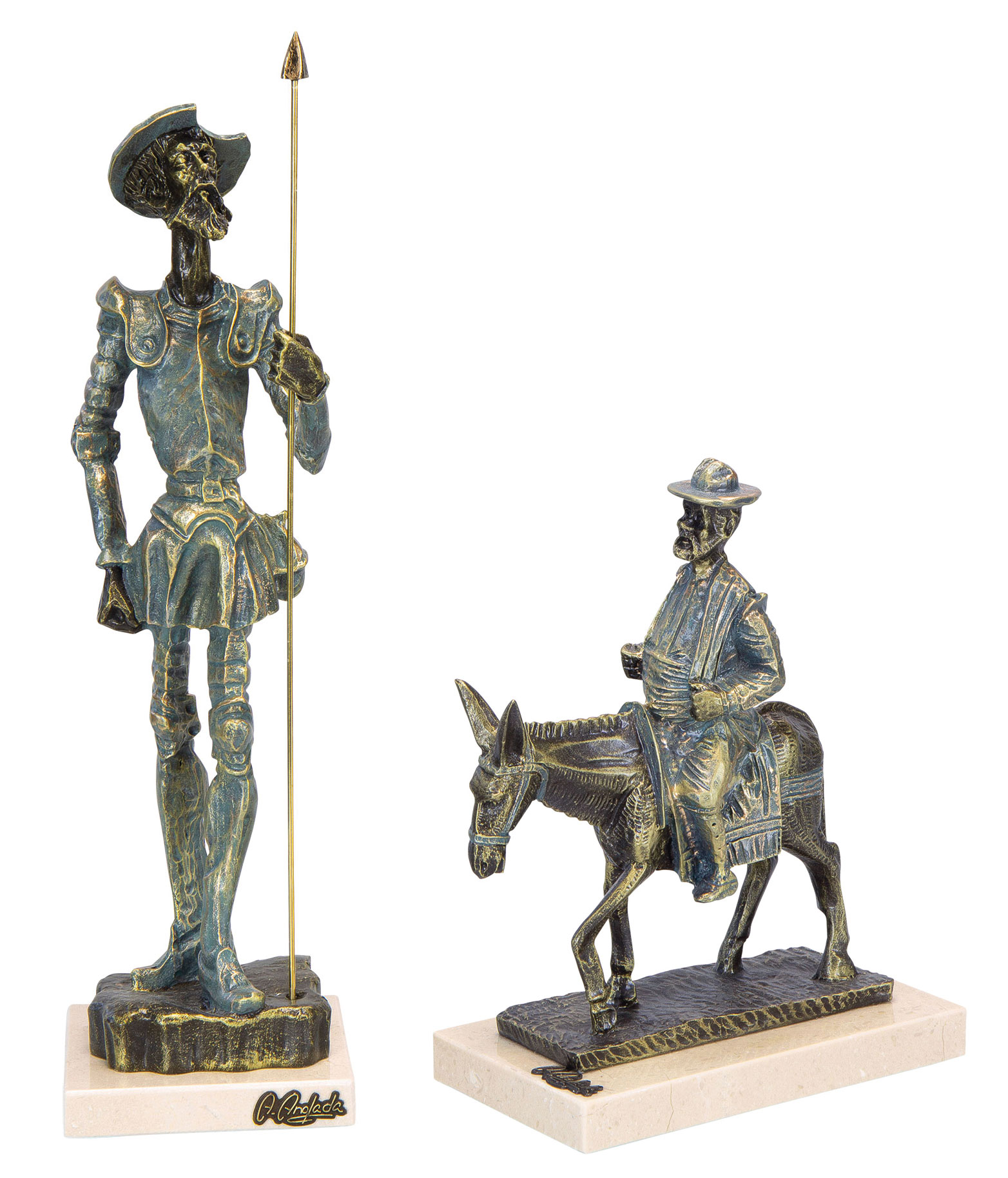 Angeles Anglada: Skulpturenset 'Don Quijote und Sancho Panza en Burro', Kunstguss Steinoptik