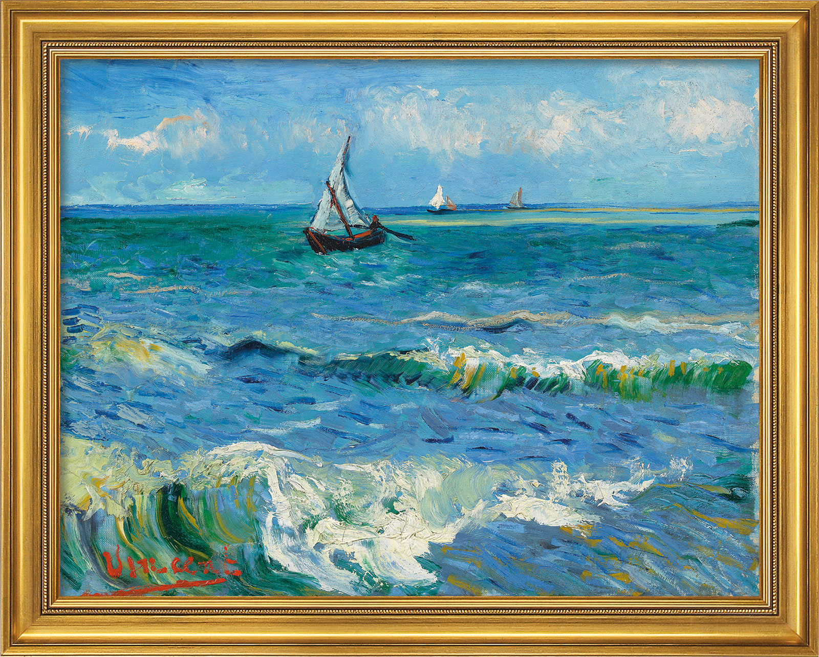 Vincent van Gogh: Bild 'Das Meer bei Les Saintes-Maries-de-la-Mer' (1888), Version goldfarben gerahmt