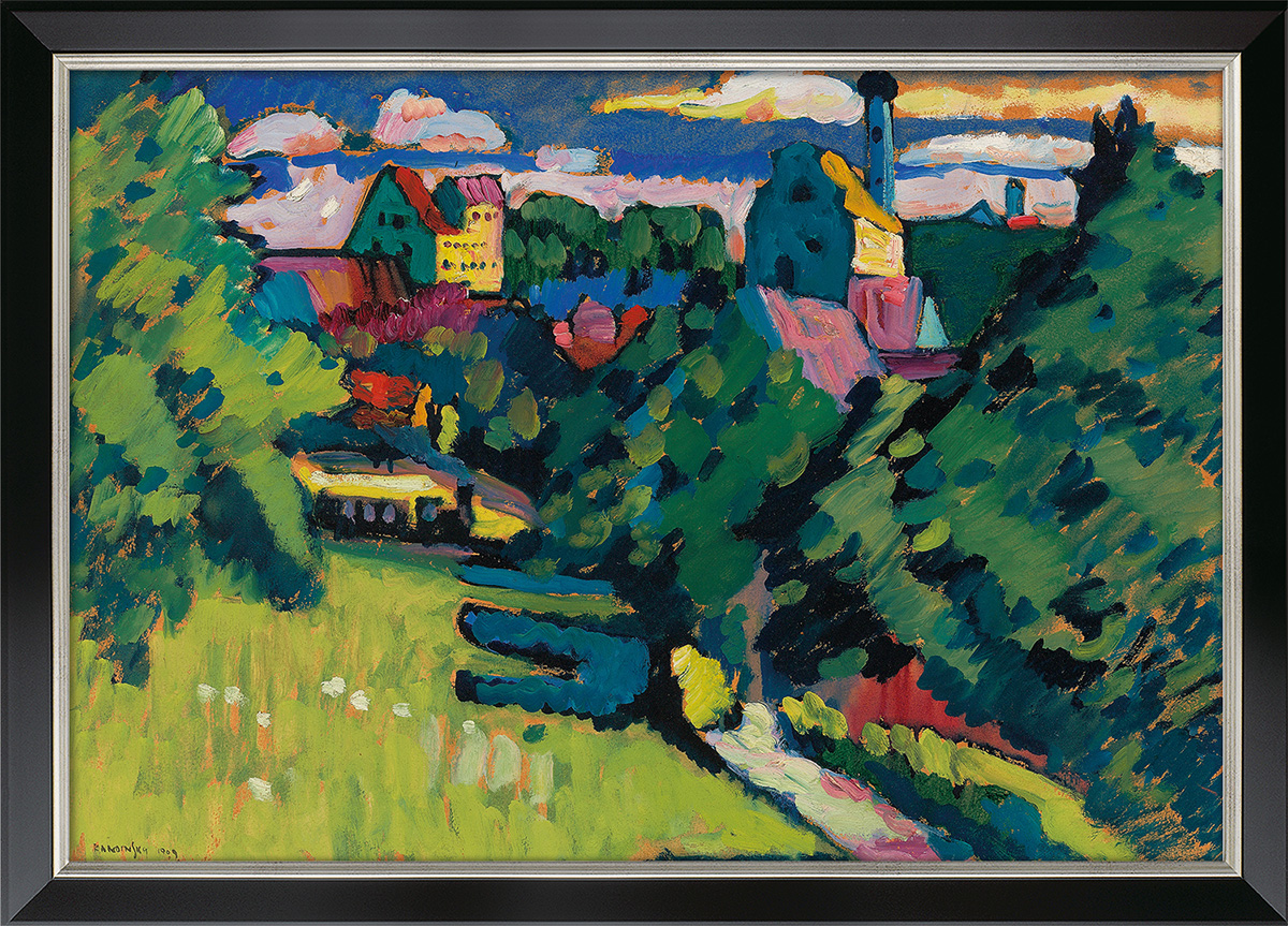 Wassily Kandinsky: Bild 'Murnau - Ansicht mit Burg, Kirche und Eisenbahn' (1909), gerahmt