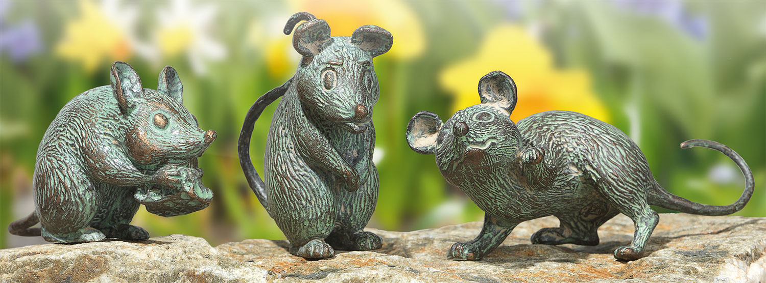 3 Gartenskulpturen 'Mäuse' im Set, Bronze