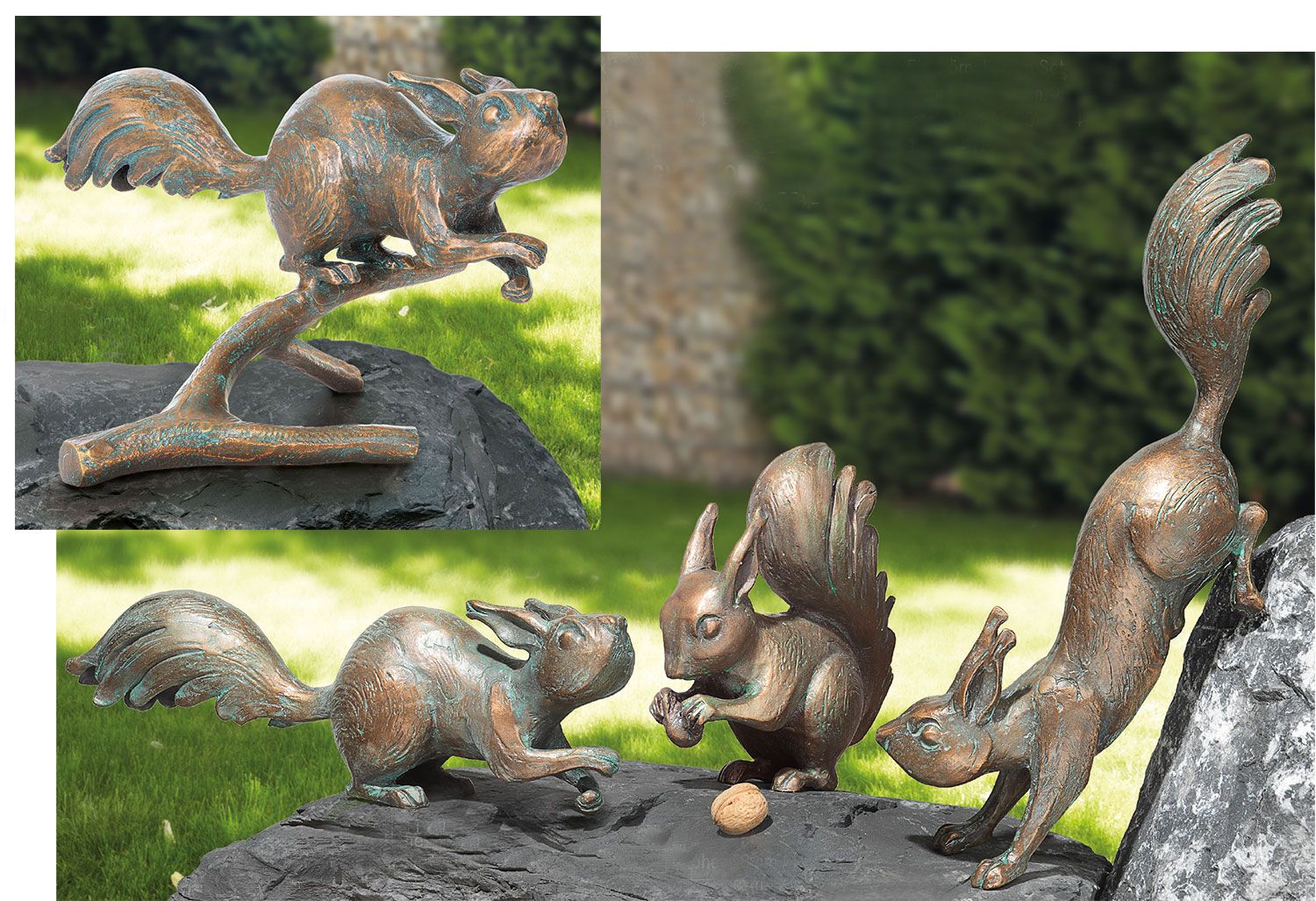 4 Gartenskulpturen 'Eichhörnchen' im Set, Bronze