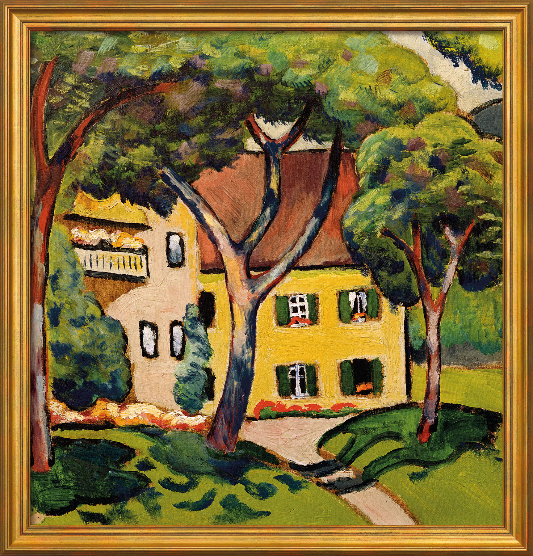 August Macke: Bild 'Staudacherhaus in Tegernsee' (1910), Version goldfarben gerahmt