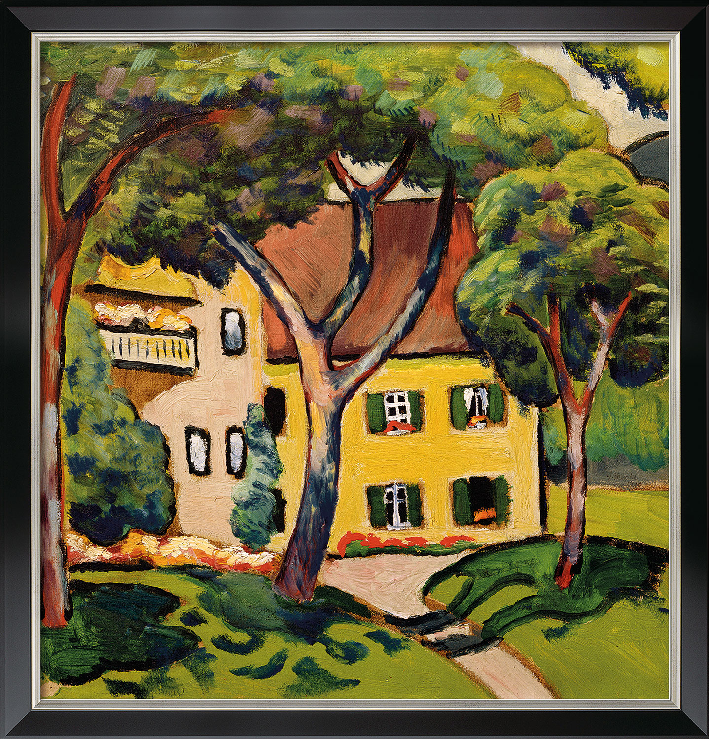 August Macke: Bild 'Staudacherhaus in Tegernsee' (1910), Version schwarz-silberfarben gerahmt