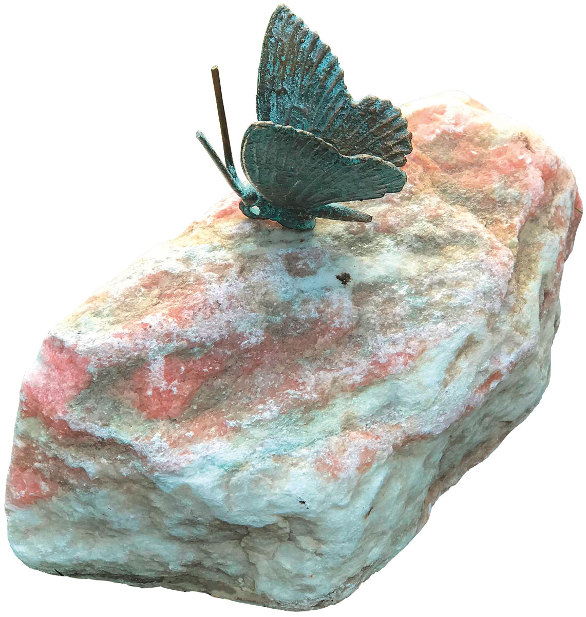 Gartenskulptur 'Schmetterling, Flügel geschlossen', Bronze auf Stein
