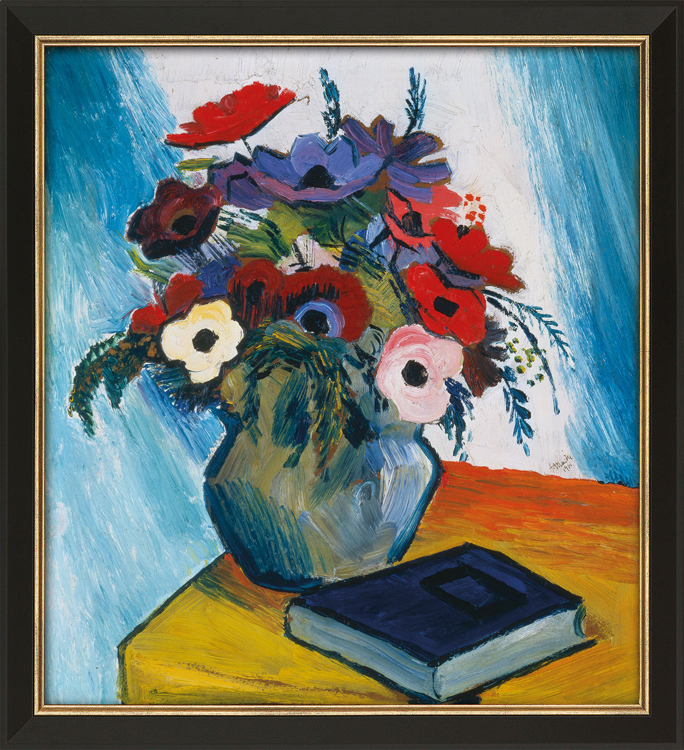 August Macke: Bild 'Stillleben mit Anemonen und blauem Buch' (1911), gerahmt