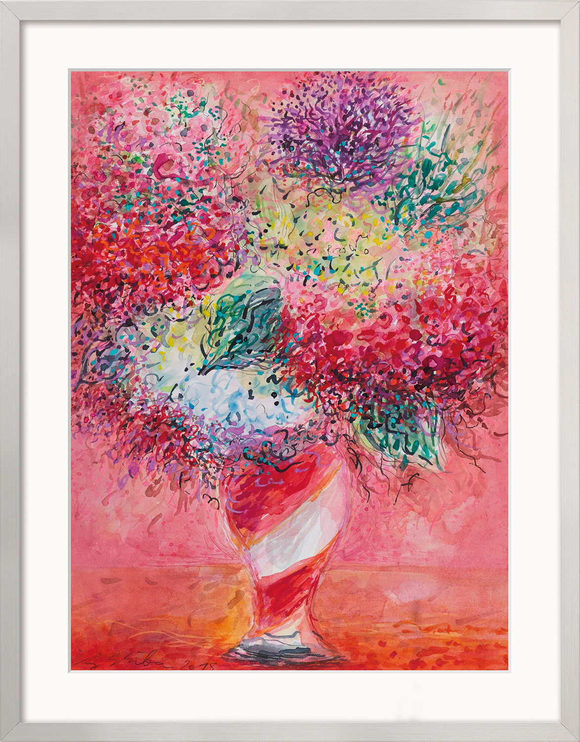 Ansgar Skiba: Bild 'Blumen in gestreifter Vase' (2018-2020) (Original / Unikat), gerahmt