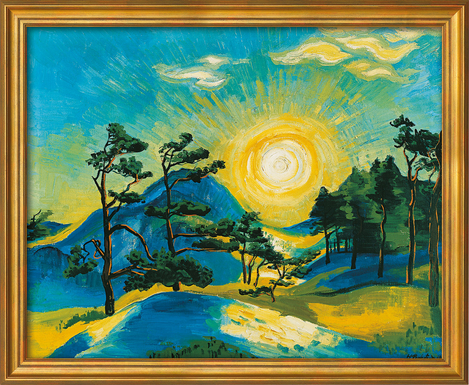 Max Pechstein: Bild 'Aufgehende Sonne' (1933), Version goldfarben gerahmt