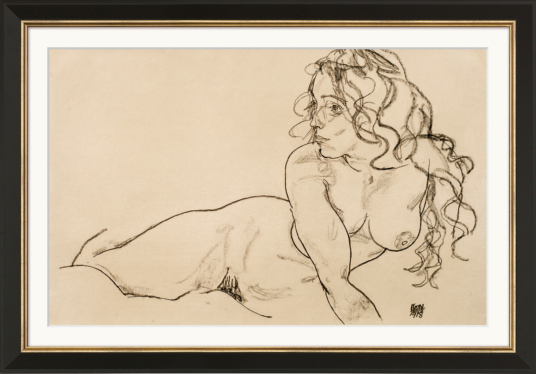 Egon Schiele: Bild 'Sich aufstützender weiblicher Akt mit langem Haar' (1918), gerahmt