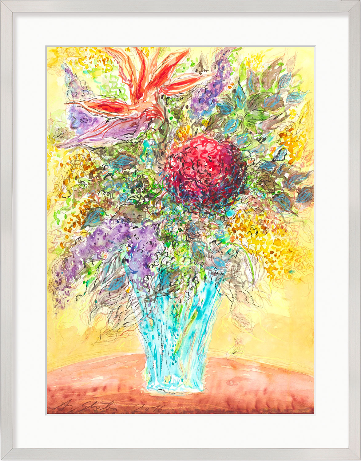 Ansgar Skiba: Bild 'Blumenstrauß in hellblauer Vase' (2016-2017) (Original / Unikat), gerahmt