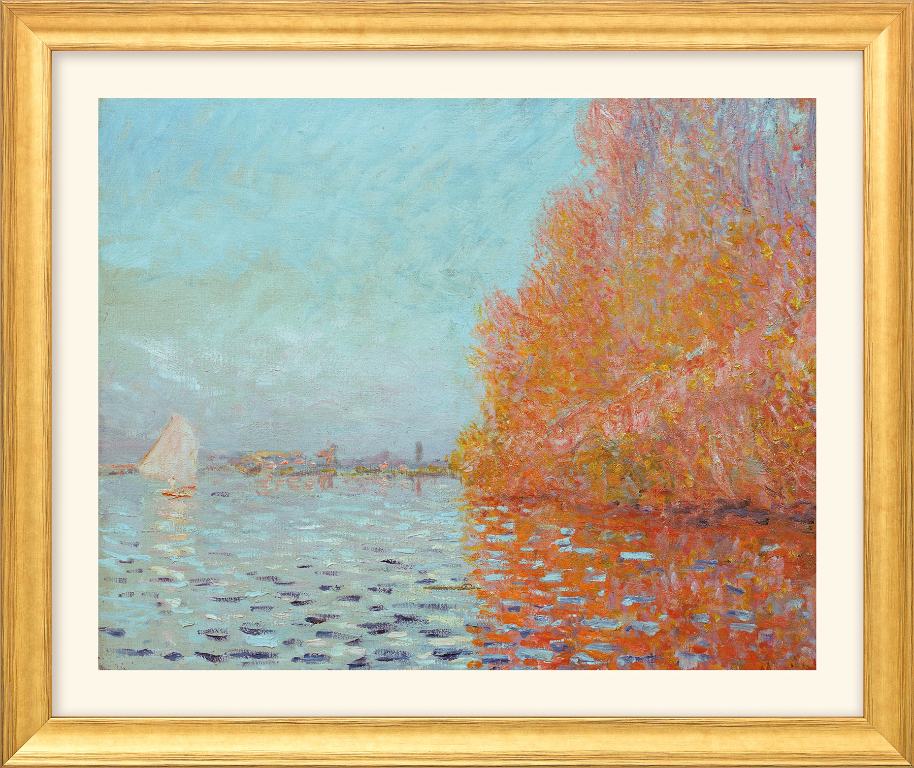 Claude Monet: Bild 'Die Bucht von Argenteuil mit einem Segelboot' (1874), Version goldfarben gerahmt