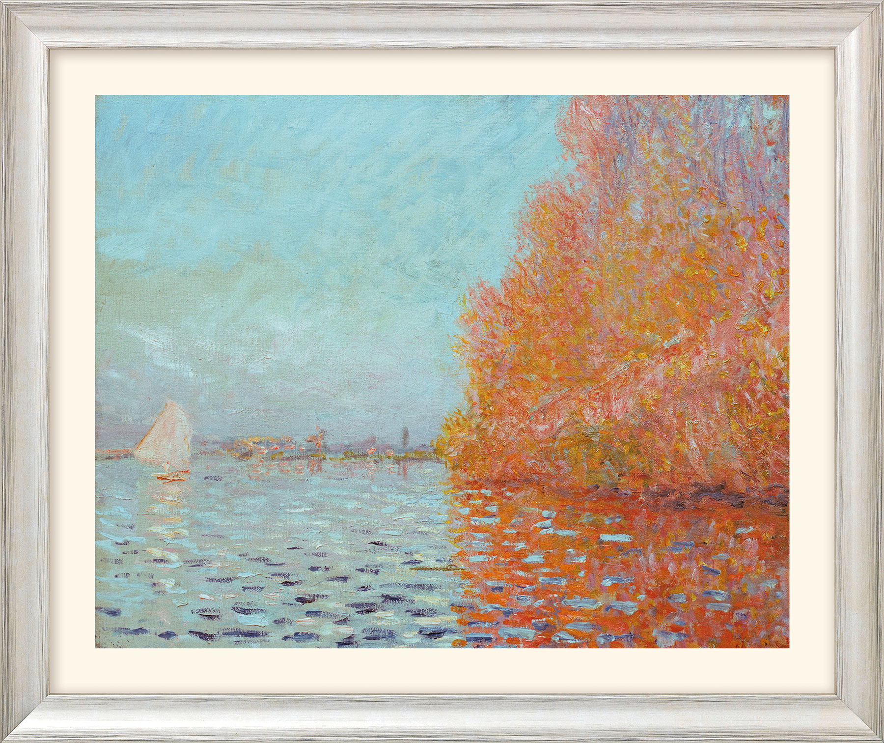 Claude Monet: Bild 'Die Bucht von Argenteuil mit einem Segelboot' (1874), Version silberfarben gerahmt