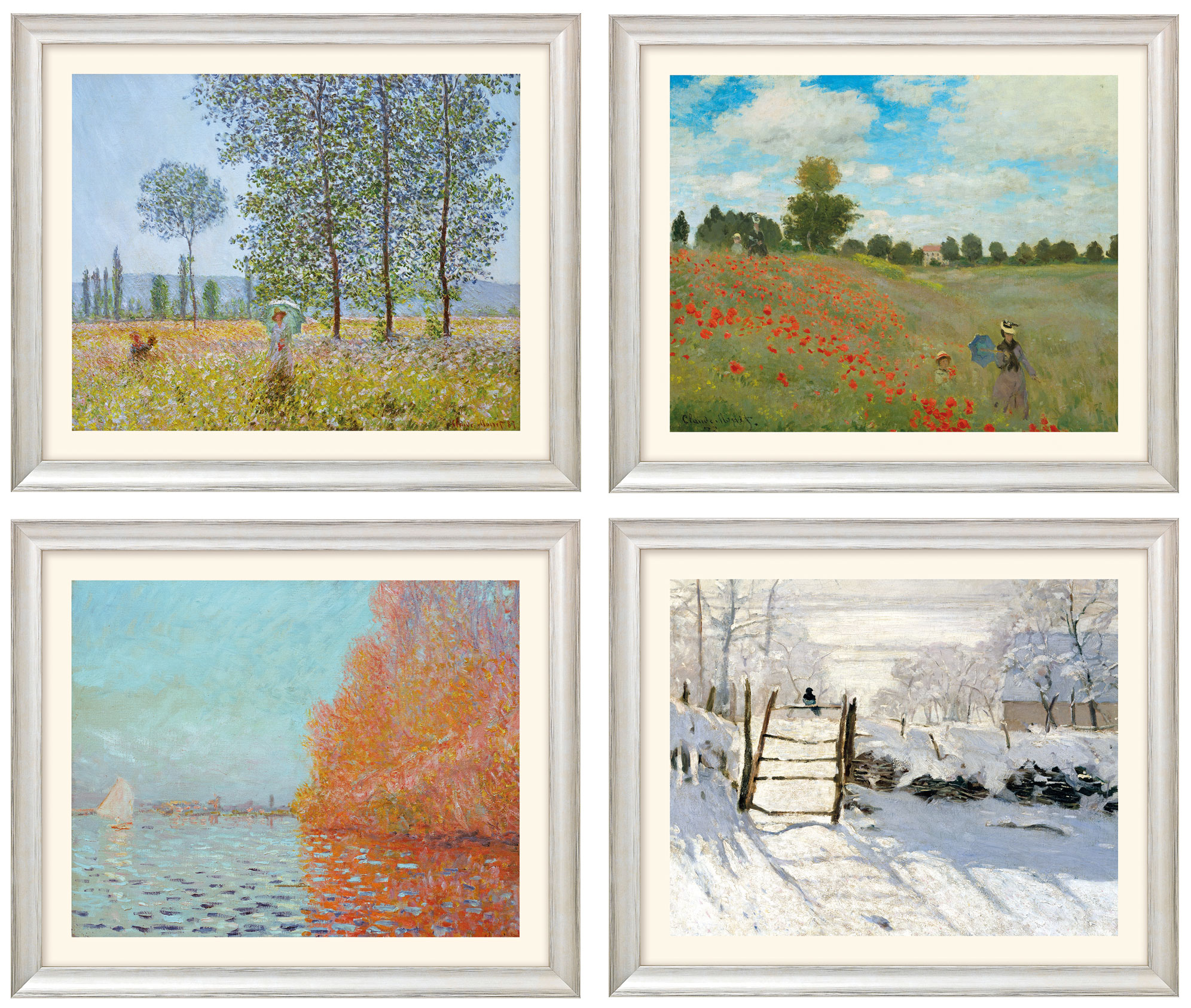 Claude Monet: 4 Landschaftsbilder im Set, Version silberfarben gerahmt