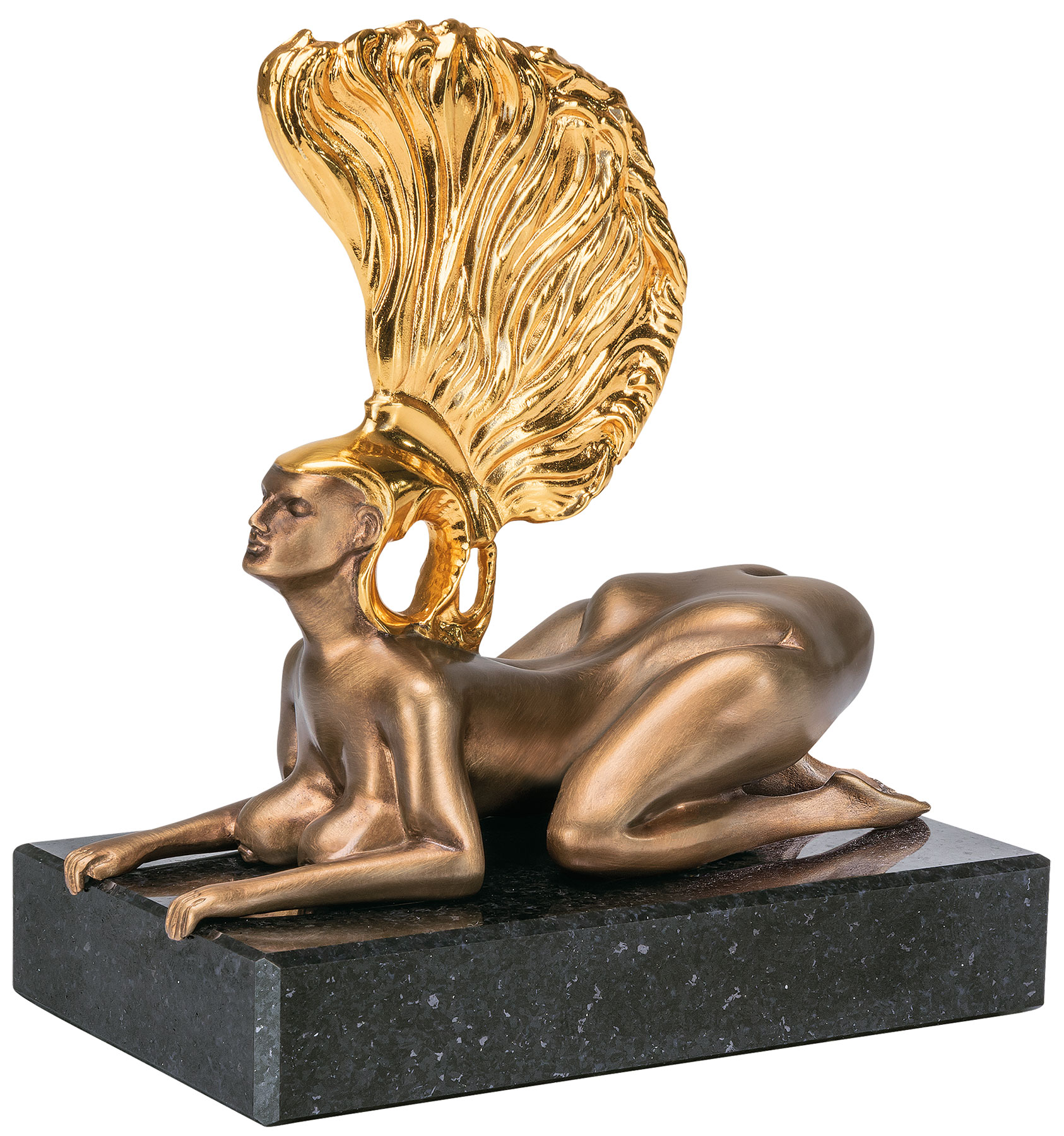 Ernst Fuchs: Skulptur 'Die Sphinx mit dem Goldhelm - Die Miniatur', Bronze teilvergoldet