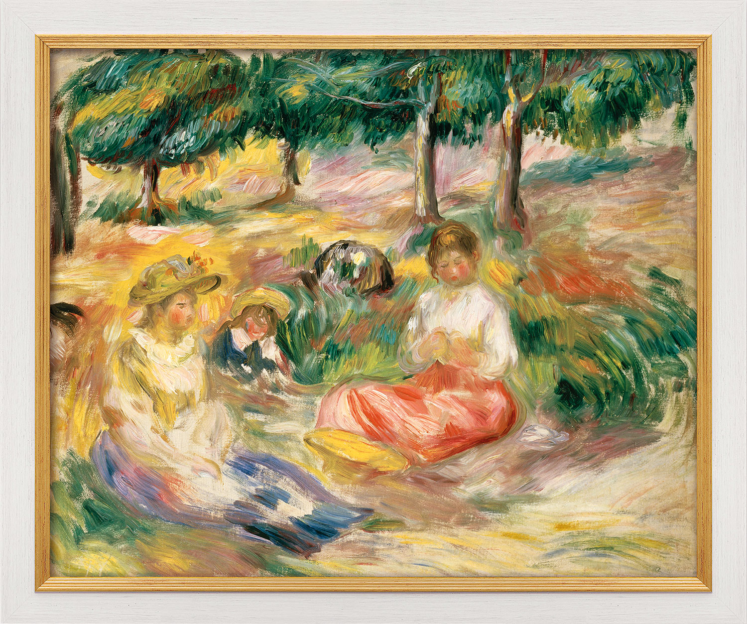Auguste Renoir: Bild 'Drei junge Frauen im Grünen' (1896-97), Version weiß-goldfarben gerahmt